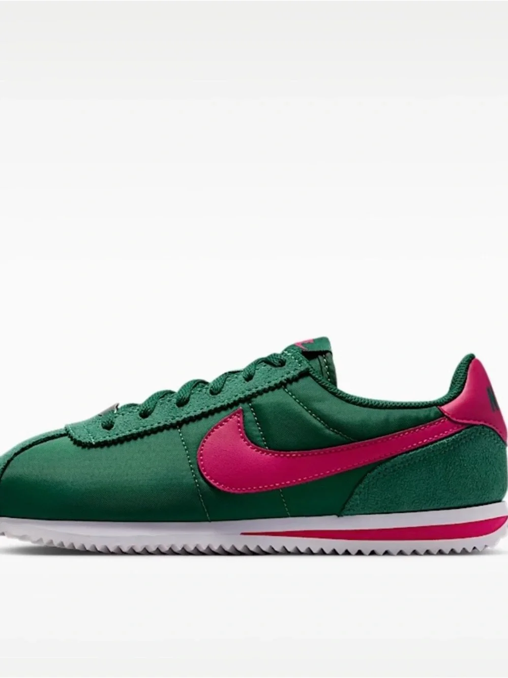 Big Kids Green Nike Cortez Sneakers with Pink Swoosh